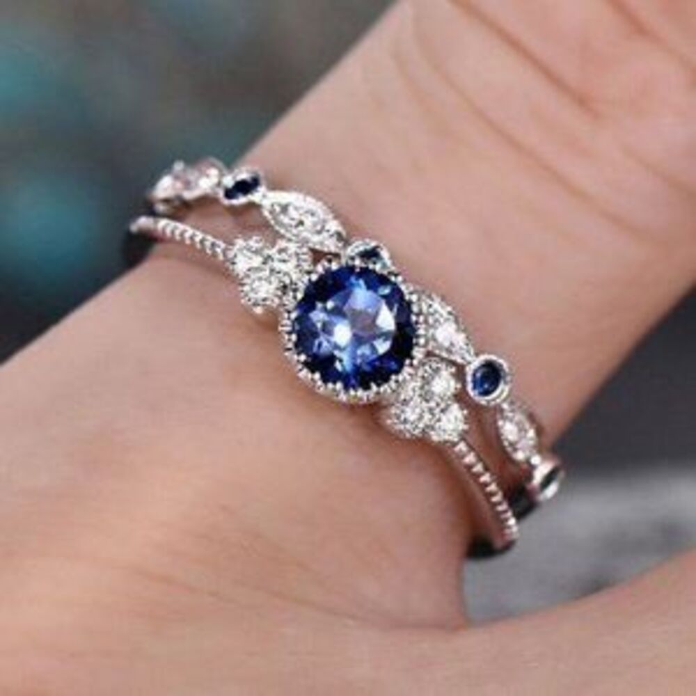 *NEW 925 Sterling Silver Sapphire Diamond Ring Set